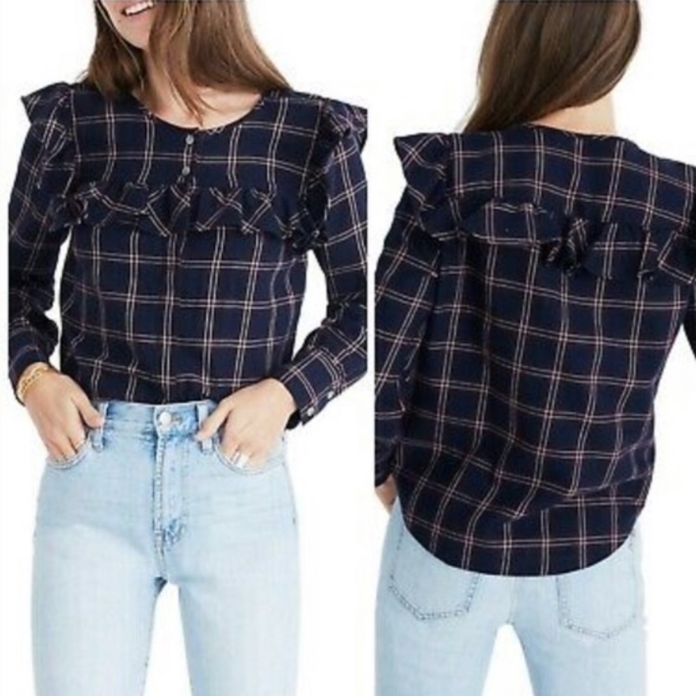 Madewell Plaid Ruffle long sleeve Yoke Top